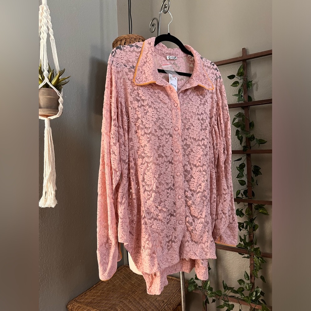 ▪️Free People Intimately Free All Day Floral Lace House Shirt Pink  M - Picture 9 of 16